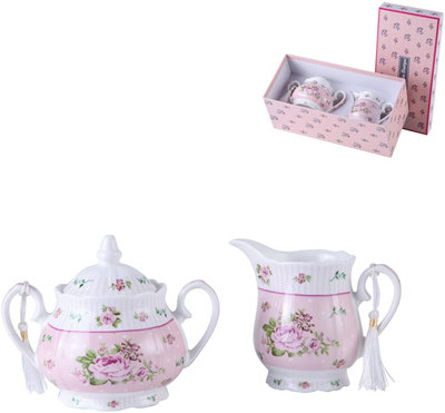 London Boutique Sugar Bowl and Cream Milk Jug Shabby Chic Vintage Floral in Gift box ( Rose Pink)