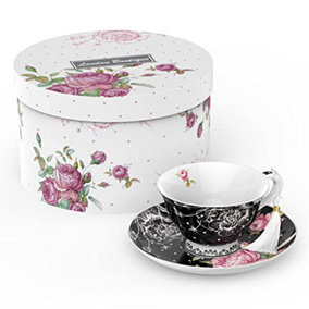 London Boutique Tea Cup and Saucer Set 1 Afternoon Tea Set New Bone China Vintage Flora Gift Box 200m (Black)