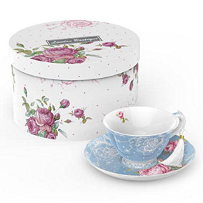 London Boutique Tea Cup and Saucer Set 1 Afternoon Tea Set New Bone China Vintage Flora Gift Box 200m (Blue)