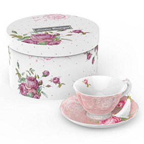 London Boutique Tea Cup and Saucer Set 1 Afternoon Tea Set New Bone China Vintage Flora Gift Box 200m (Pink)