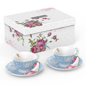 London Boutique Tea Cup and Saucer Set 2 Afternoon Tea Set New Bone China Vintage Flora Gift Box 200m (Blue)