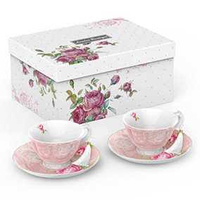 London Boutique Tea Cup and Saucer Set 2 Afternoon Tea Set New Bone China Vintage Flora Gift Box 200m (Pink)