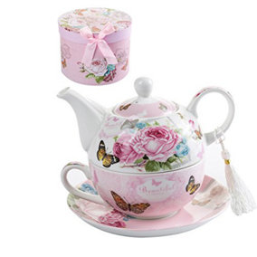 London Boutique Tea for One Teapot Cup suacer Set Vintage Flora Rose Lavender Porcelain Gift Box (Pink Butterfly Rose)