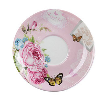 London Boutique Tea for One Suacer Tea Pot Mug Suacer Set Shaby Chic Flora Bird, Rose, Butterfly, Porcelain, Gift Box, Teal, Green, Ceramic, 15 x 15 cm