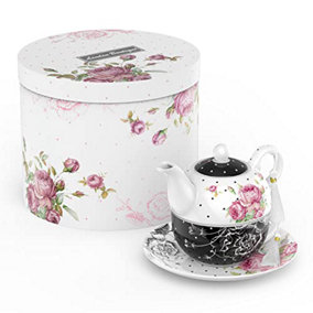 London Boutique Tea for One Teapot Teacup Saucer Set Afternoon Tea Set for 1 New Bone China (Black)