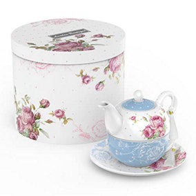 London Boutique Tea for One Teapot Teacup Saucer Set Afternoon Tea Set for 1 New Bone China  (Blue)