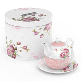 London Boutique Tea for One Teapot Teacup Saucer Set Afternoon Tea Set for 1 New Bone China (Pink)
