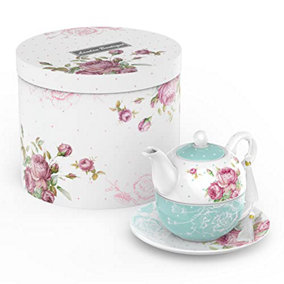 London Boutique Tea for One Teapot Teacup Saucer Set Afternoon Tea Set for 1 New Bone China Vintage(Turquoise)