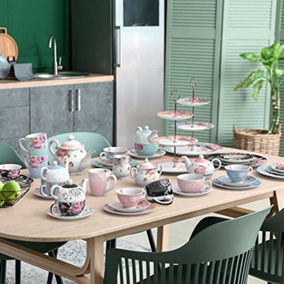 London Boutique Tea for One Teapot Teacup Saucer Set Afternoon Tea Set for 1 New Bone China Vintage(Turquoise)