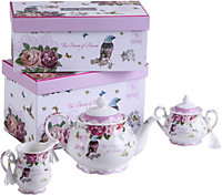 London Boutique Teapot Sets Teapot Sugar Bowl and Cream Milk Jug Vintage Gift box (Bird Rose Butterfly)