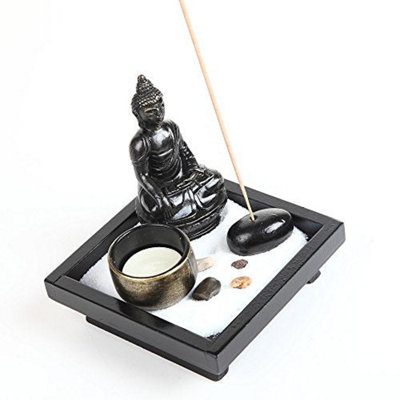 London Boutique Thai Sitting Buddha Ornament Statue Candle Holders Natural Stone Rattan Incense Gift Set (Sitting Budha HD38)