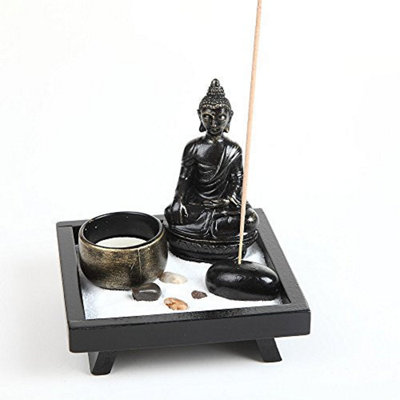 London Boutique Thai Sitting Buddha Ornament Statue Candle Holders Natural Stone Rattan Incense Gift Set (Sitting Budha HD38)