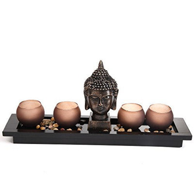 London Boutique Zen Garden Thai Buddha Head Ornament Statue Candle Holders Gift Set