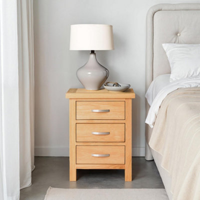 London Oak Bedside Table - Fully Assembled 3 Drawer Cabinet - By Roseland Furniture