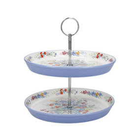 London Pottery Viscri Meadow Cake Stand for Afternoon Tea, 2 Tiered, Ceramic, Almond Ivory / Cornflower Blue