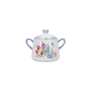 London Pottery Viscri Meadow Lidded Sugar Bowl, Ceramic, Almond Ivory / Cornflower Blue, 13 x 8 x 10 cm