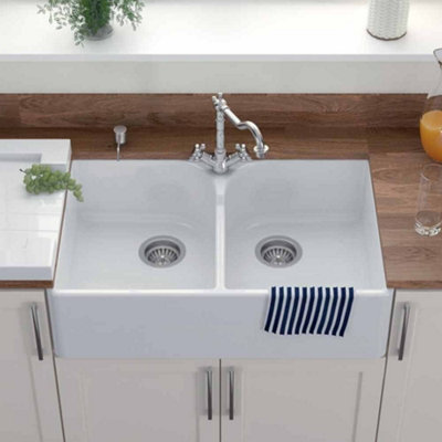 London Sink Company LSC Butler 795 2-Bowl White Ceramic Kitchen Sink ...