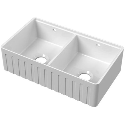 London Sink Company LSC Butler Fluted 2.0 Bowl White Ceramic Kitchen Sink with Ledge and Waste Assembly