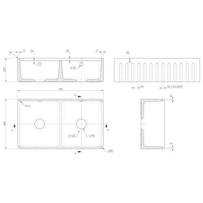 London Sink Company LSC Butler Fluted 2.0 Bowl White Ceramic Kitchen Sink with Ledge and Waste Assembly