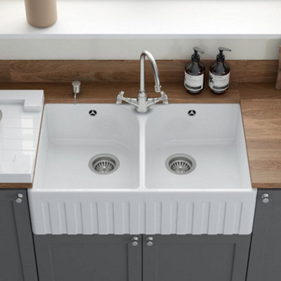 London Sink Company LSC Fluted Butler 795 2-Bowl White Gloss Ceramic ...
