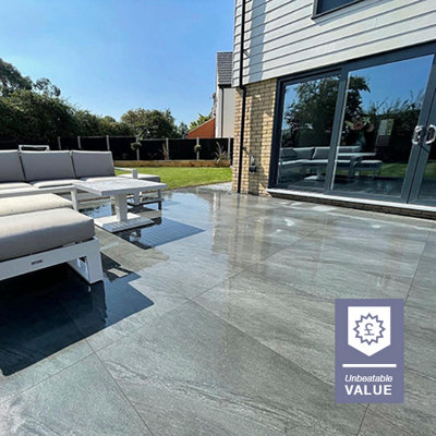 London Stone Carbon Black 20mm Porcelain Paving Slabs 900x600 Pack of 20 (10.80m2)