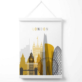 London Yellow and Grey City Skyline Poster with Hanger / 33cm / White