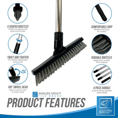 Long Handled Angled Grout Brush with Stiff Bristles for Cleaning Tiles and Flooring
