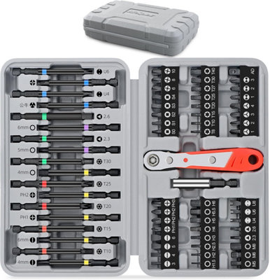Long Hex Shank and Tamperproof Cr-V Driver Bit Set with Bit Handle and Drill Driver Adaptor 68pc 75mm & 25mm