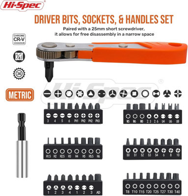 Long Hex Shank and Tamperproof Cr-V Driver Bit Set with Bit Handle and Drill Driver Adaptor 68pc 75mm & 25mm