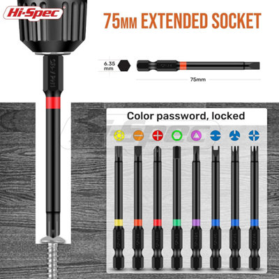 Long Hex Shank and Tamperproof Cr-V Driver Bit Set with Bit Handle and Drill Driver Adaptor 68pc 75mm & 25mm