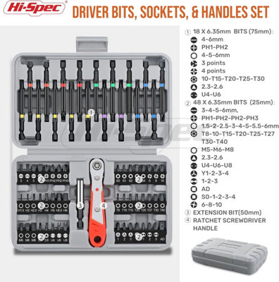 Long Hex Shank and Tamperproof Cr-V Driver Bit Set with Bit Handle and Drill Driver Adaptor 68pc 75mm & 25mm