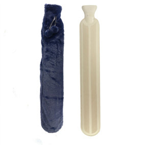 Long Hot Water Bottle 2L with Soft Fleece Cover in Dark Blue Pukkr