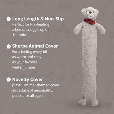 ADEPTNA Extra-Long Hot Water Bottle With Sherpa Animal Cover – 72cm, Leak-Proof, Full-Body Warmth