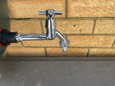 Long Reach Water Butt/rain Barrel/Water Tank tap + Adaptor (Requires 21mm Hole) 1/4 Turn on-Off, Chrome Finish with Hose Barb