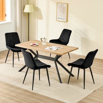 LONGTOO Set of 4 Dining Chairs with Velvet Upholstered Seat & Backrest,Stable Metal Legs,Modern Stripe Design,Black