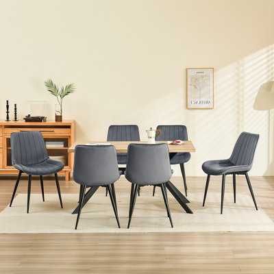 LONGTOO Set of 4 Dining Chairs with Velvet Upholstered Seat & Backrest,Stable Metal Legs,Modern Stripe Design,Dark Grey
