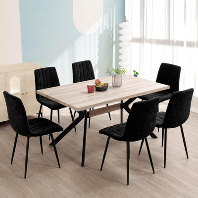 LONGTOO Set of 6 Dining Room Chairs, Modern Upholstered Kitchen Chair with High Back, Linen Seat , Metal Legs - Black Stripes