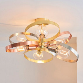 Loopa Satin Brushed Gold and Brushed Copper Contemporary Style 6 Light Semi Flush Ceiling Fitting