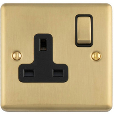 Loops 1 Gang 13A Switched UK Socket Satin Brass & Black 86 x 86mm