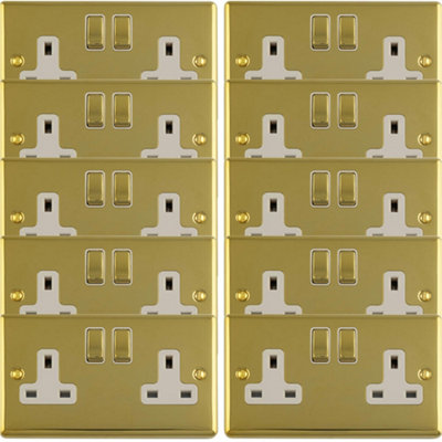 Loops 10-Pack 2-Gang Double UK Switched Socket Polished Brass & White 13A