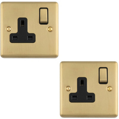 Loops 2-Pack 1-Gang 13A Switched UK Socket Plate, Satin Brass Face with ...