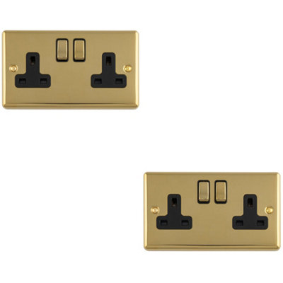 Loops 2 Pack 2-Gang Double Switched UK Socket Polished Brass Black 13A