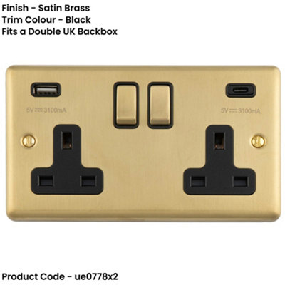 Loops 2-Pack 2-Gang Double UK Socket with Dual 3.1A USB-C & USB-A Satin ...