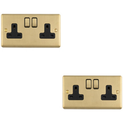 Loops 2-Pack 2-Gang Switched UK Socket 13A Satin Brass & Black