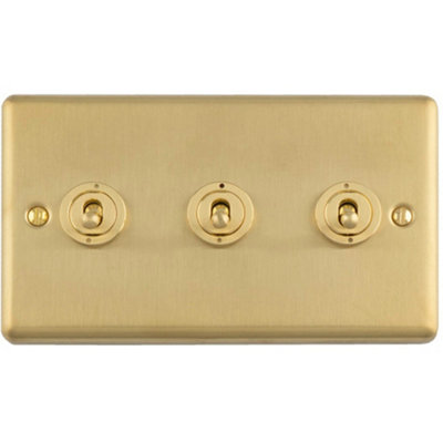 Loops 3 Gang Triple Retro Toggle Light Switch Plate Satin Brass 10A 2-Way