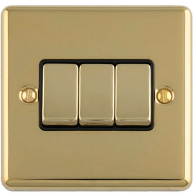 Loops 3-Gang Triple Rocker Light Switch Polished Brass with Black Trim ...