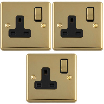 Loops 3-Pack 1-Gang Switched UK Socket 13A Polished Brass with Black Insert