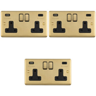Loops 3-Pack 2-Gang Double UK Socket with Dual 3.1A USB-C & USB-A Satin ...