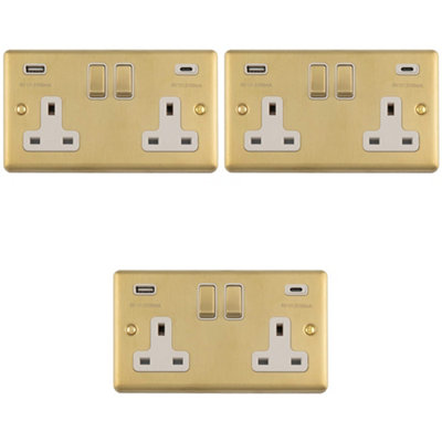 Loops 3-Pack 2-Gang Double UK Socket with Dual 3.1A USB-C & USB-A Satin ...