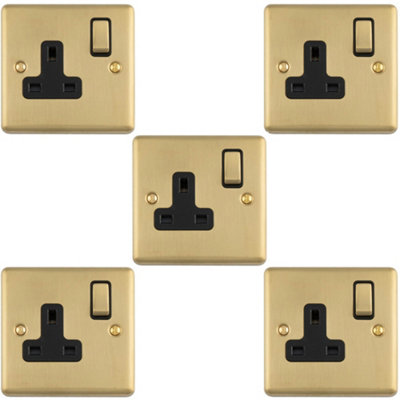 Loops 5-Pack 1-Gang Switched UK Socket Satin Brass & Black 13A 86x86mm